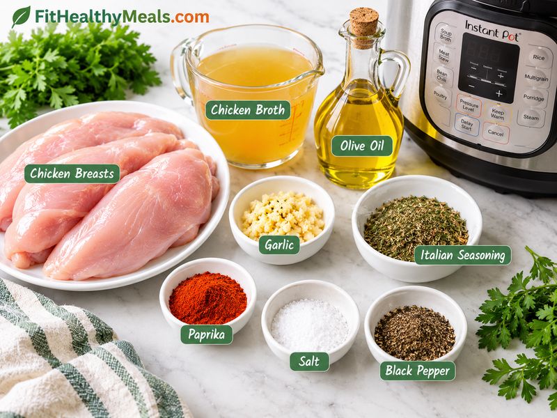 Ingredients for garlic herb Instant Pot chicken including chicken breasts, broth, garlic and herbs