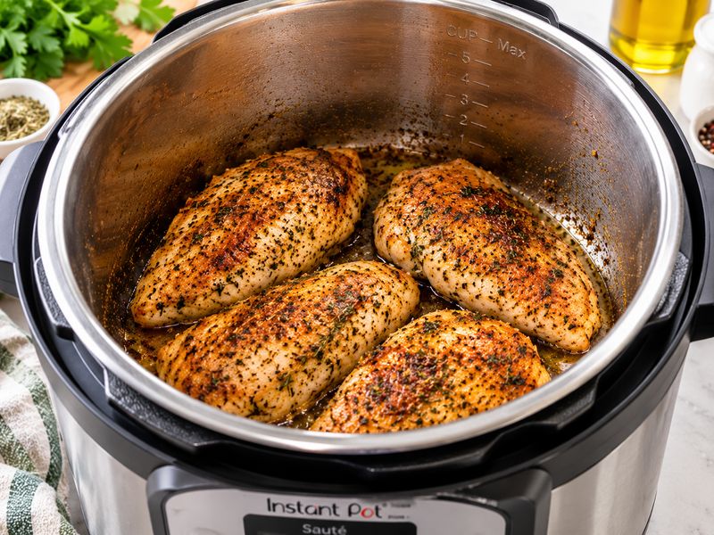 Browning seasoned chicken breasts in an electric pressure cooker on sauté mode