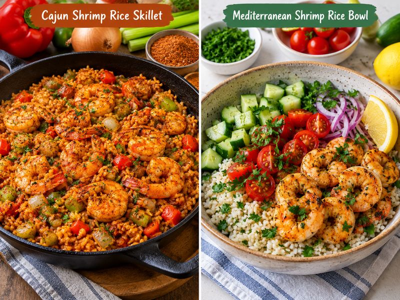 Tomato shrimp skillet and coconut shrimp with jasmine rice and fresh vegetables