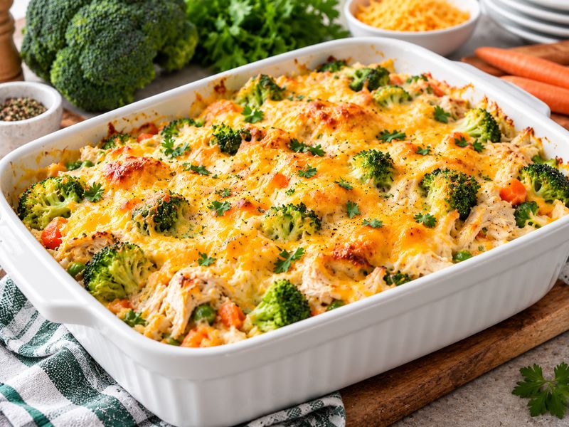 Baked shredded chicken and broccoli casserole with carrots and melted cheese