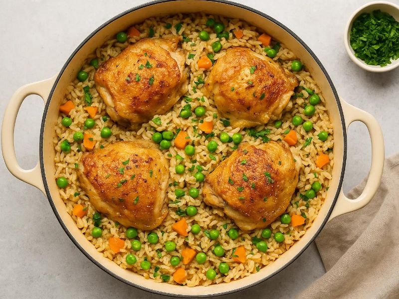 Chicken broth, rice, peas, and carrots in a skillet before simmering