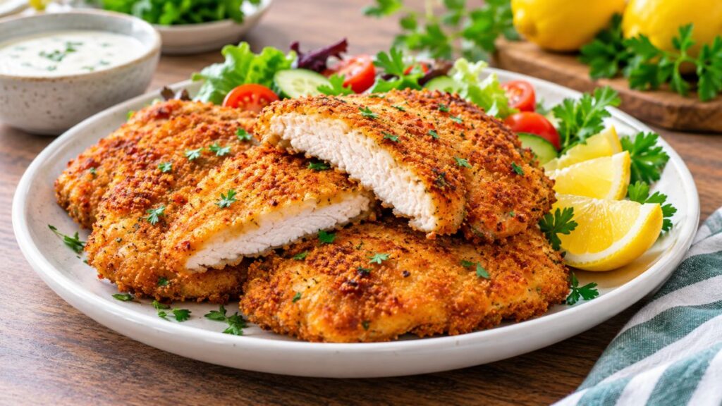 Crispy homemade chicken cutlets with golden breadcrumb coating