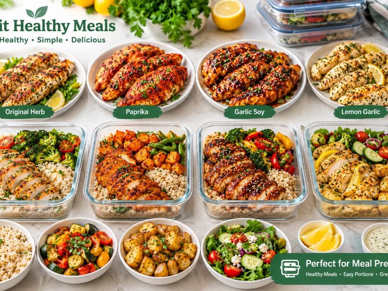 Chicken tenderloin meal prep with rice, roasted vegetables, potatoes, and fresh salad