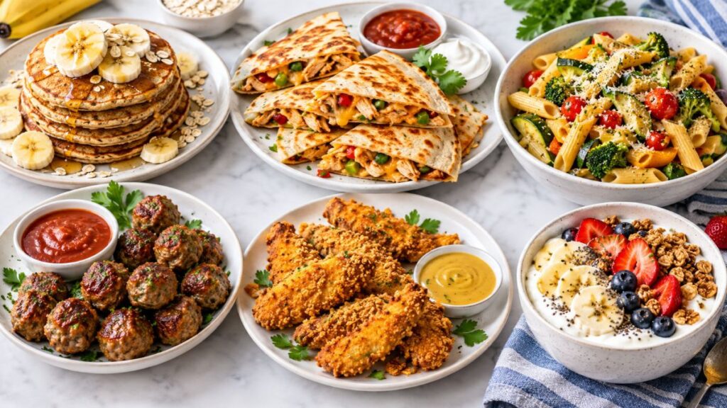 Healthy recipes for picky eaters including pancakes, chicken quesadillas, pasta, meatballs, chicken tenders, and fruit yogurt