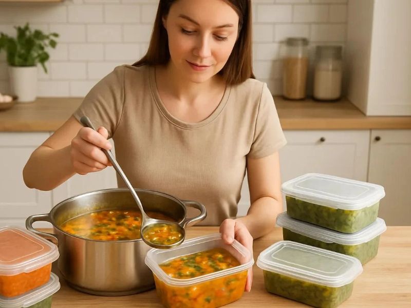 Chicken vegetable soup stored in a covered container for meal preparation