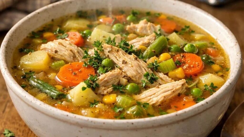 Chicken vegetable soup with chicken, carrots, potatoes, and green beans
