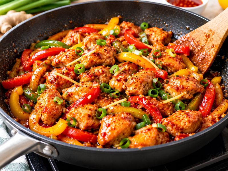 Chicken and colorful bell peppers tossed in a glossy garlic chilli glaze