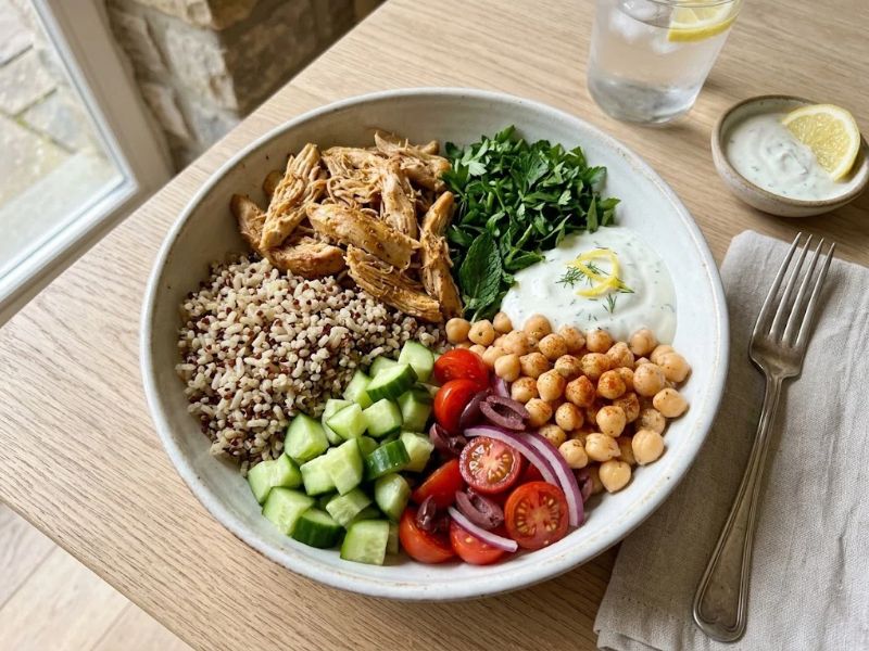 Mediterranean rotisserie chicken bowl with quinoa chickpeas cucumber tomatoes and yogurt dressing