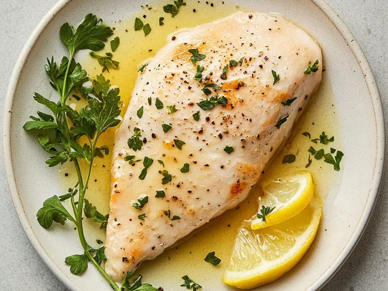 Cooked chicken breast resting on a plate before slicing or shredding.