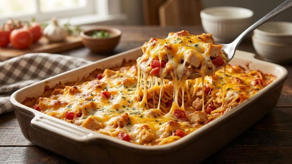 Creamy chicken spaghetti casserole with shredded chicken and melted cheddar cheese
