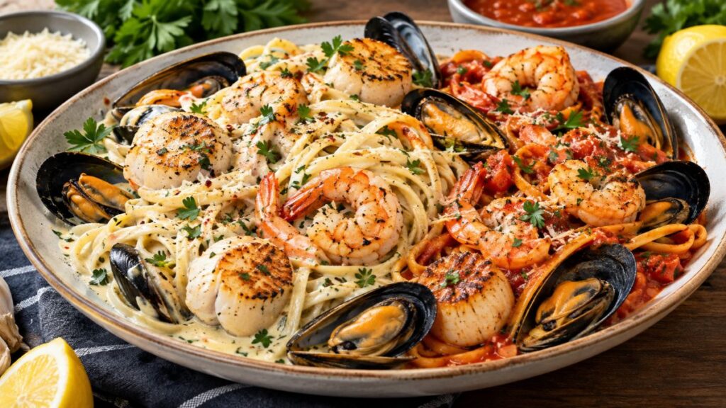 Seafood pasta recipes with shrimp scallops mussels and linguine