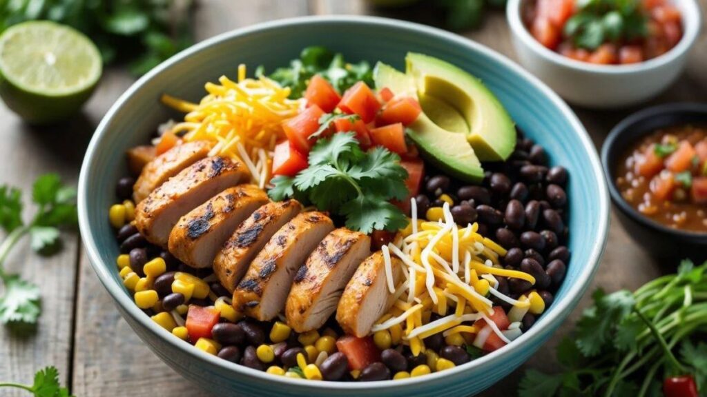 Easy chipotle chicken recipe served with rice, black beans, avocado, and fresh lime