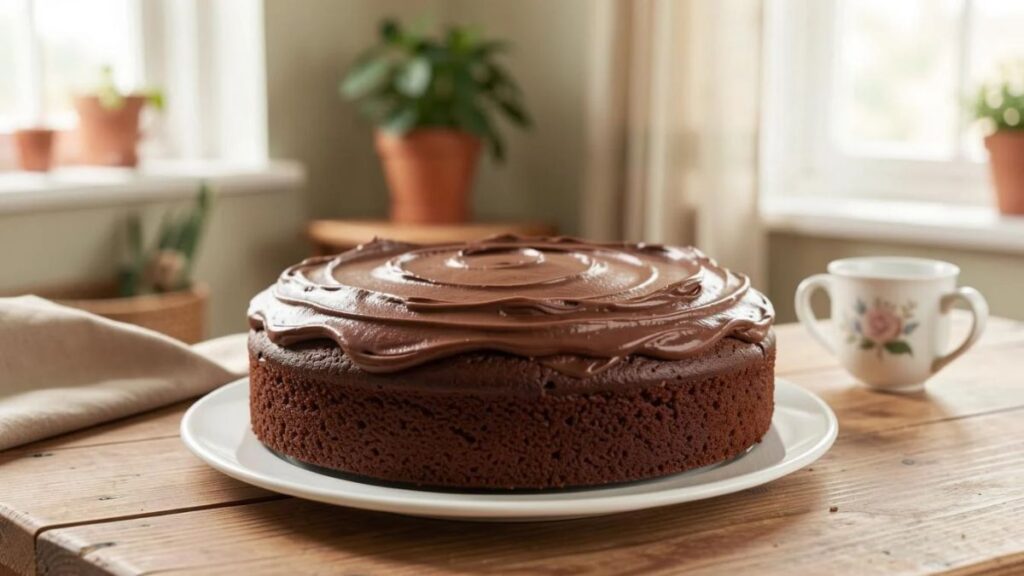 Homemade chocolate cake with rich cocoa frosting on a cake stand