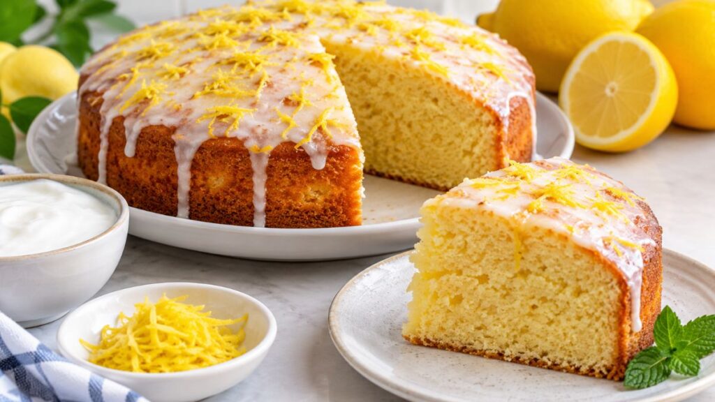 Easy lemon yogurt cake with lemon glaze and fresh lemon zest