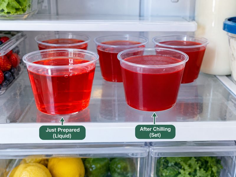 Jello cups chilling in the refrigerator until firm