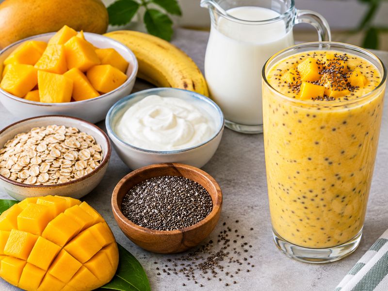 Mango chia breakfast shake with mango, banana, yogurt, oats, and chia seeds