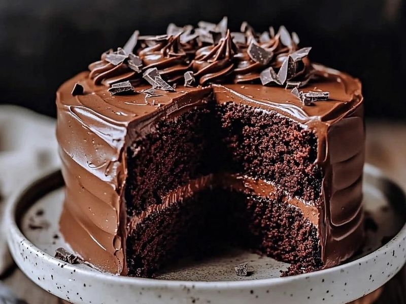 Homemade chocolate cake decorated with chocolate frosting and chocolate shavings
