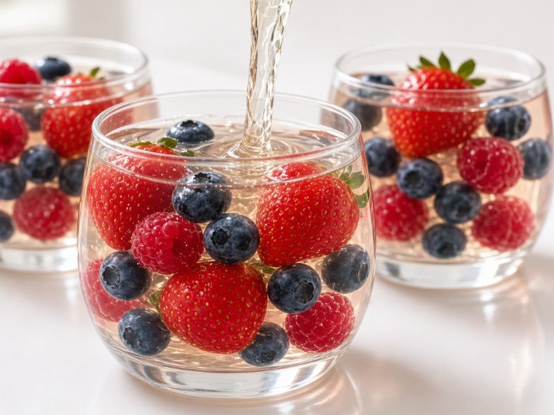 Fresh berries added to gelatin cups for Jello dessert