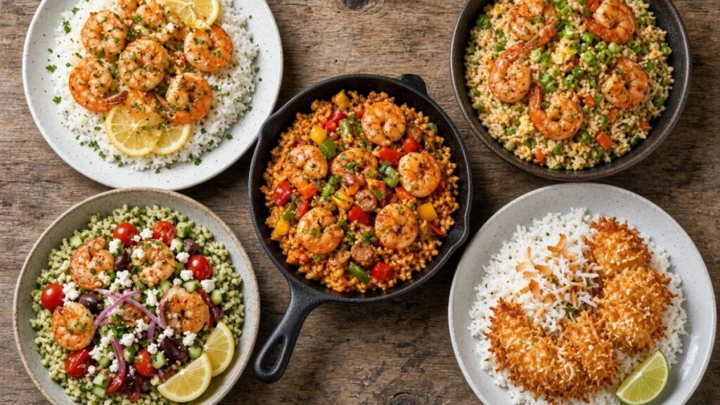 Shrimp recipes with rice including garlic shrimp, fried rice, Cajun shrimp, and rice bowls