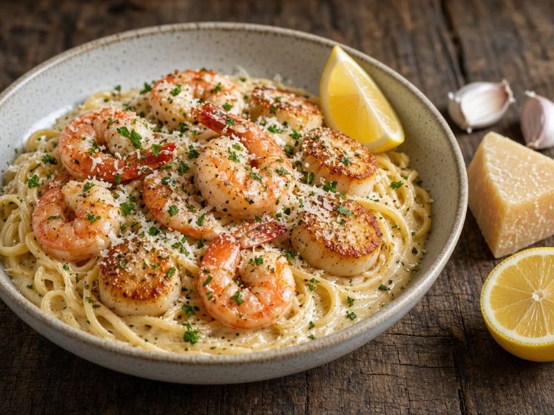 Fresh shrimp scallops mussels and clams for seafood pasta