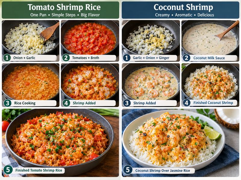 One-pan tomato shrimp rice and coconut shrimp served with jasmine rice