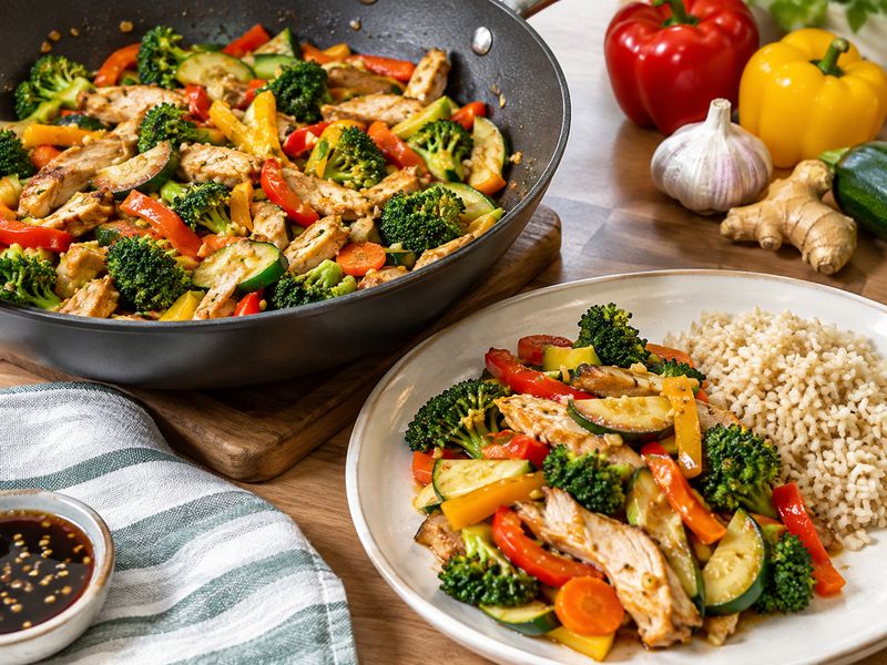Quinoa bowl with roasted broccoli, bell peppers, black beans, and avocado
