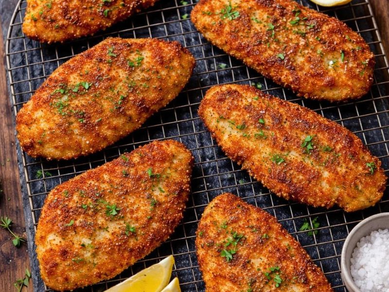 Golden cooked chicken cutlets resting on a wire rack after frying
Yaad rahe: chicken ka internal temperature 165°F (74°C) hona chahiye.