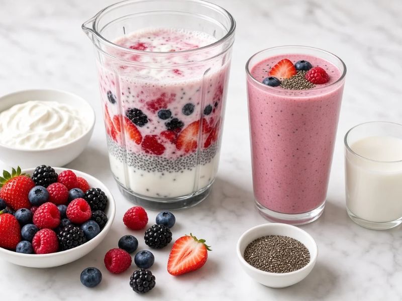 Berry yogurt meal replacement shake with Greek yogurt, mixed berries, chia seeds, and milk