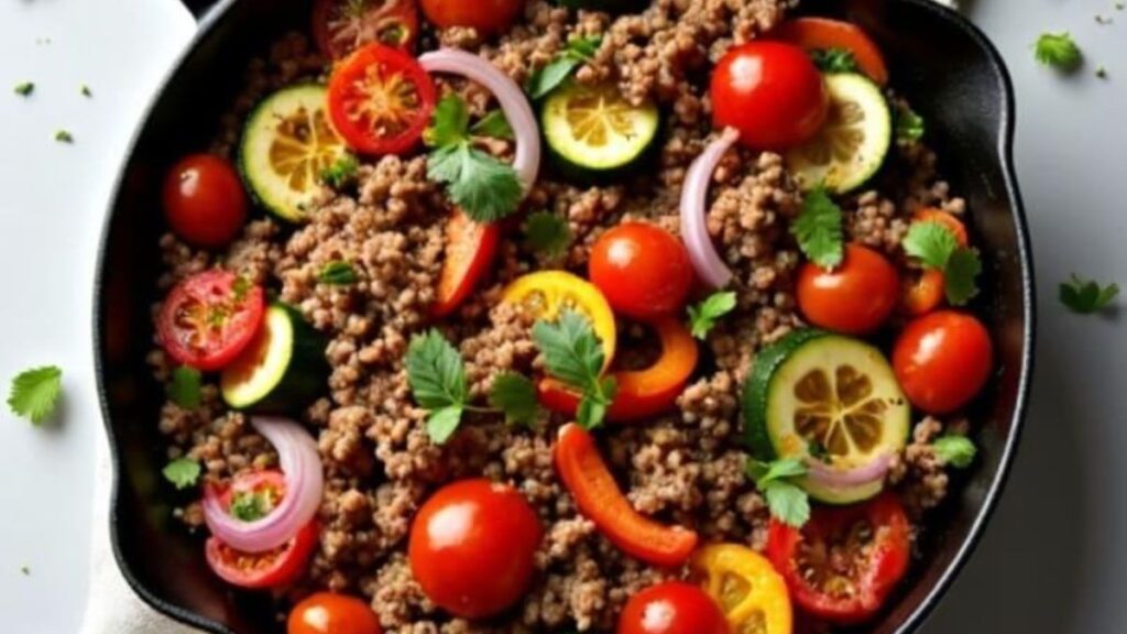 Ground beef and vegetable skillet with lean minced beef, tomatoes, zucchini, bell peppers, and onions