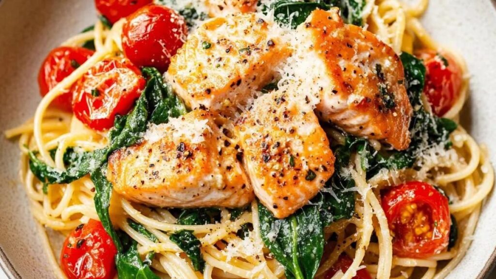 Healthy salmon pasta recipes with lemon garlic sauce and fresh parsley