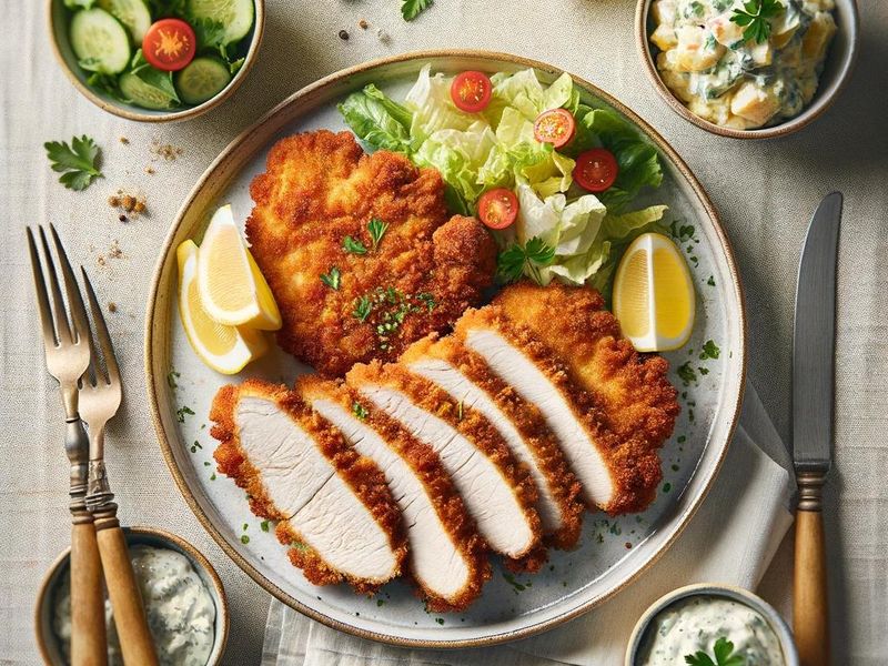 Homemade crispy chicken cutlets served with fresh salad roasted potatoes and dipping sauce