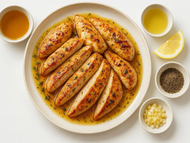 Honey mustard chicken tenderloins coated in a glossy mustard and honey sauce