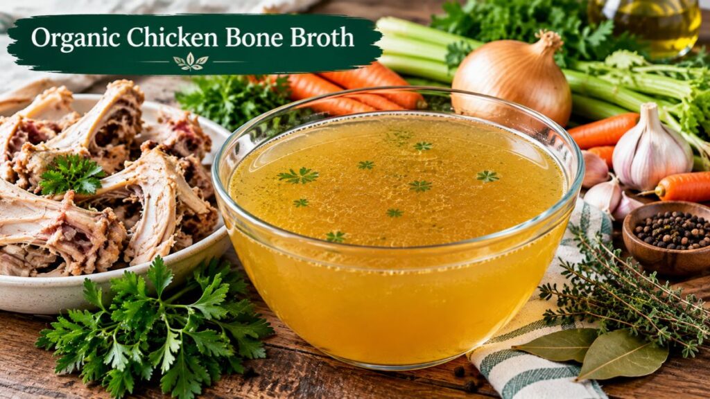 Organic chicken bone broth with fresh carrots, celery, garlic, herbs, and chicken bones.