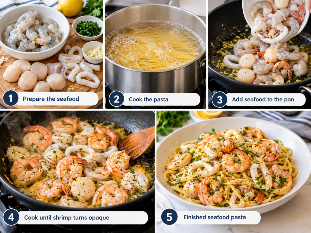 Mixed seafood pasta with tomatoes and fresh herbs