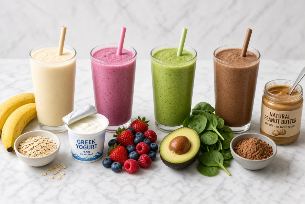 Healthy meal replacement shakes with banana, berries, oats, avocado, and peanut butter