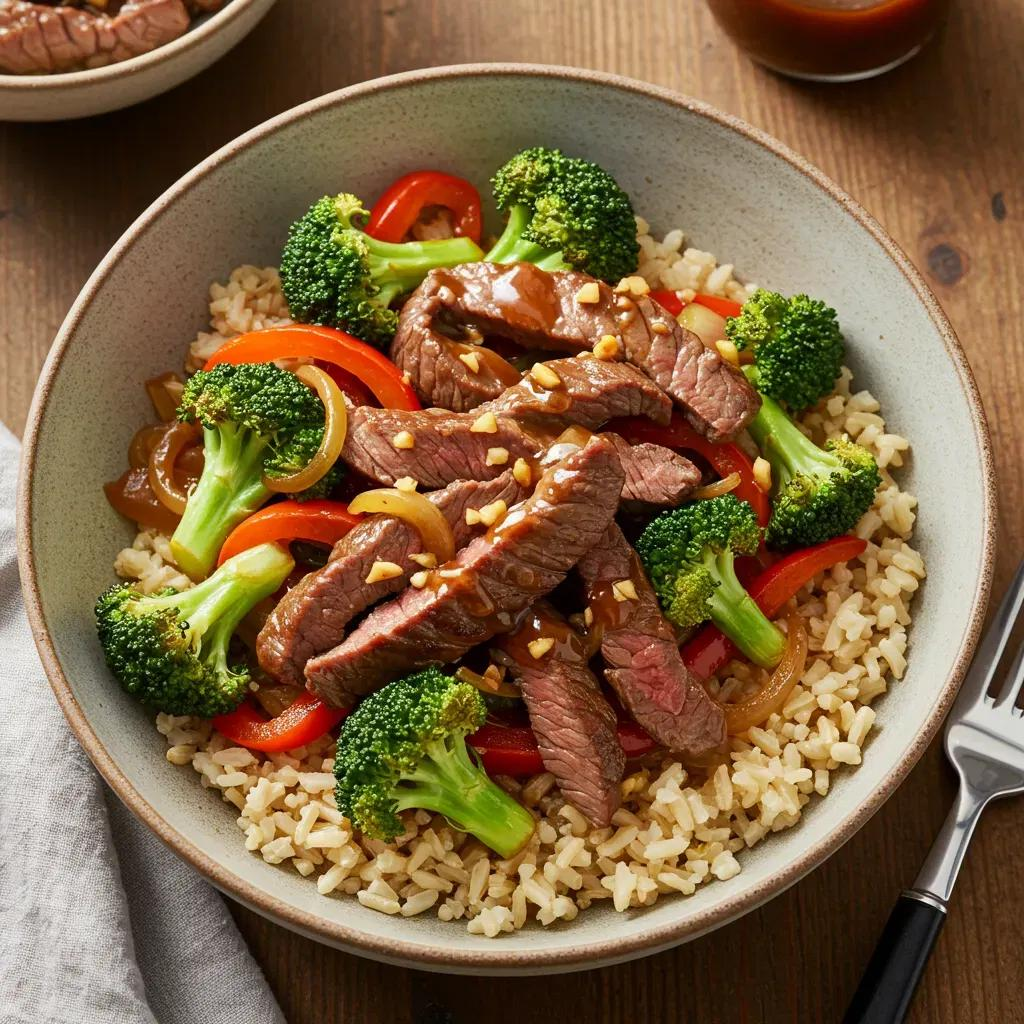Healthy beef and broccoli stir-fry with sliced beef, broccoli, red pepper, garlic, and brown rice