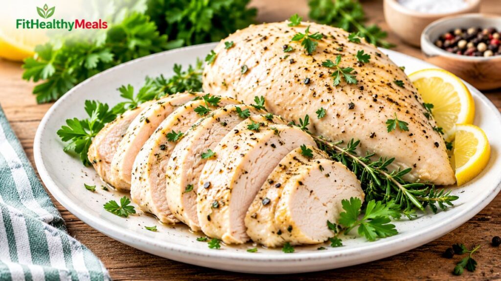 Juicy boiled chicken breast with fresh herbs for a complete cooking guide.
