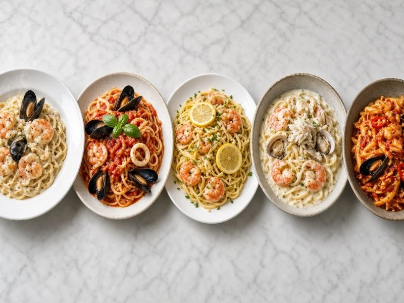 Spicy tomato seafood pasta with shrimp and herbs