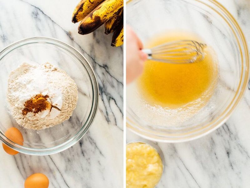 Wet banana mixture and dry flour ingredients in separate bowls