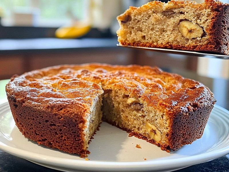 Freshly baked banana cake cooling on a rack with a slice showing its moist texture