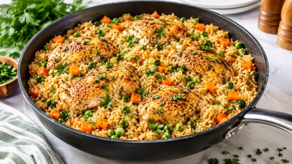 One pan chicken and rice with golden chicken, fluffy rice, and vegetables