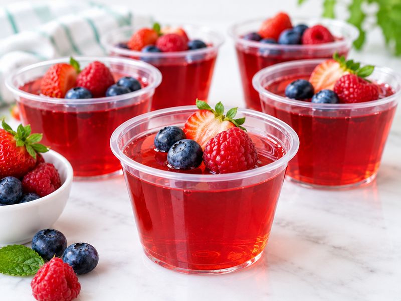 Individual serving of chilled Jello with fresh berries