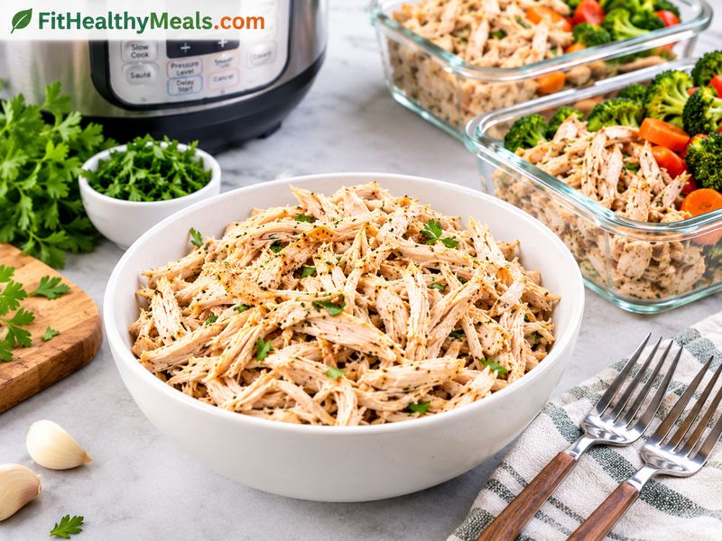 Tender shredded Instant Pot chicken breast prepared for meal prep