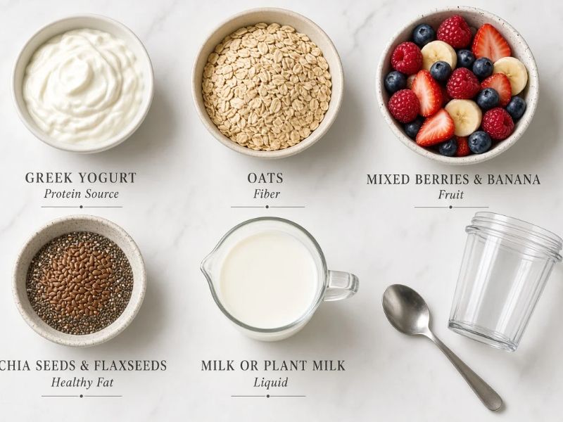 Greek yogurt, oats, berries, chia seeds, banana, and milk arranged for blending