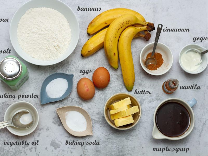 Ripe bananas, eggs, flour, Greek yogurt, and maple syrup