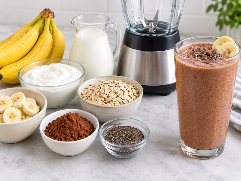 chocolate banana oat shake with Greek yogurt