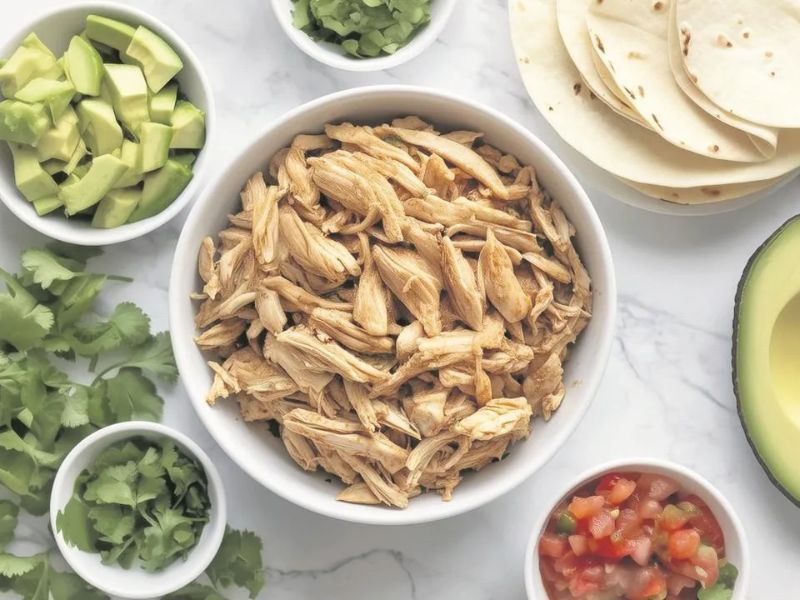 Shredded salsa chicken served with tomatoes, avocado, cilantro and tortillas
