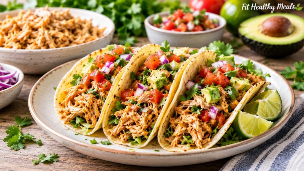 Shredded chicken tacos with fresh tomatoes, avocado, cilantro, and lime Image title: Shredded Chicken Tacos