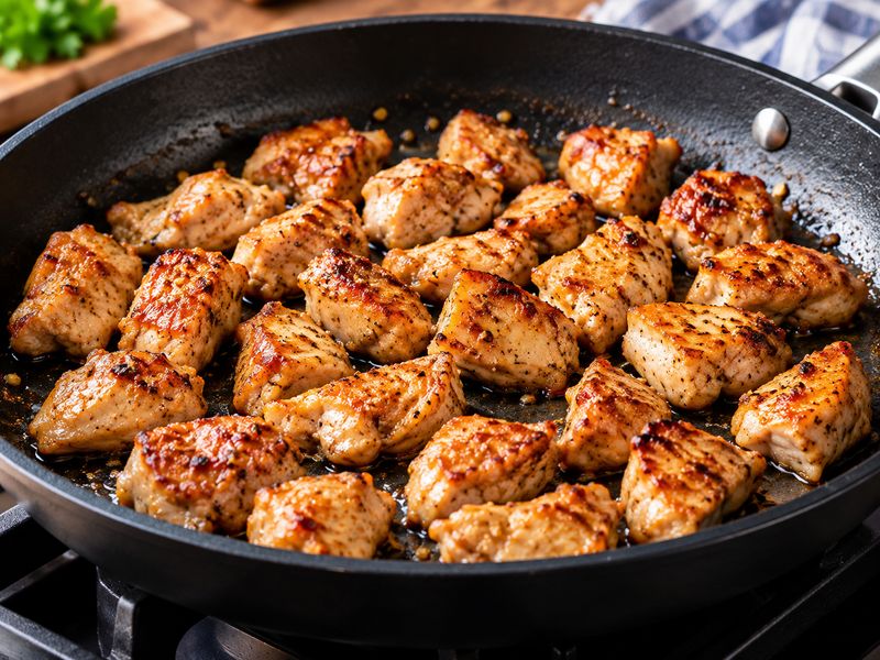 Bite-sized chicken pieces browning in a skillet before adding bourbon chicken sauce