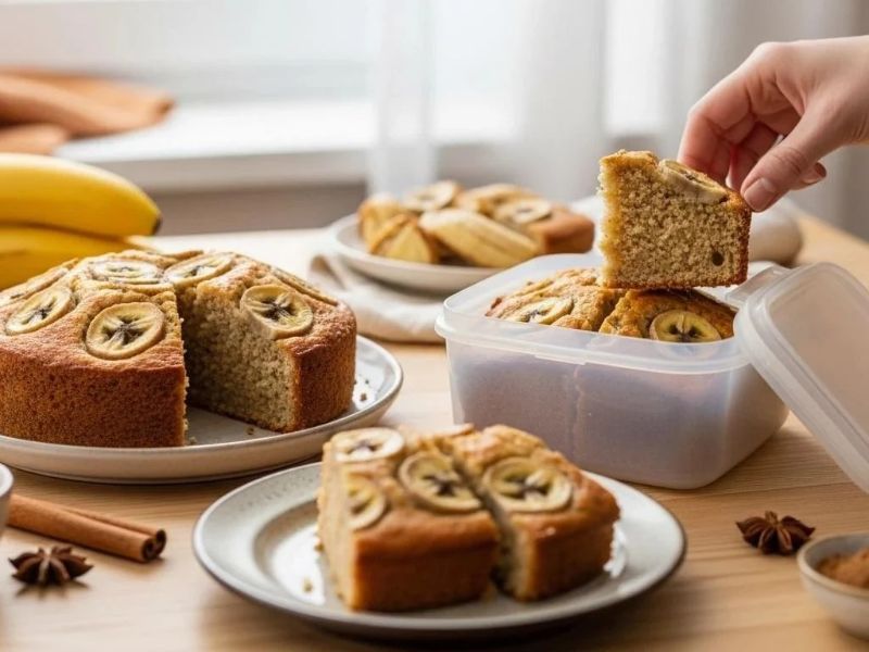 Homemade banana cake slices stored in an airtight container for later